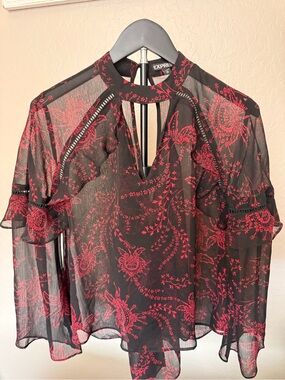 Express Black Sheer Blouse with Red Floral Print